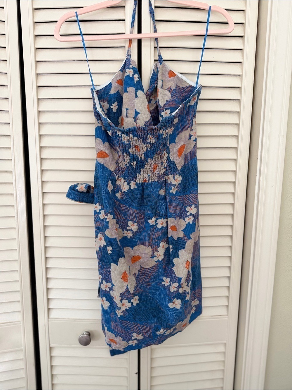 Urban Outfitters Blue Floral Linen Blend Tie Waist Mini Dress Size L - Picture 5 of 7